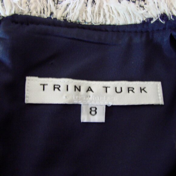 Trina Turk Tweed Midi Dress Navy White Shift V-neck Fringe Business Office 8 - Picture 3 of 16